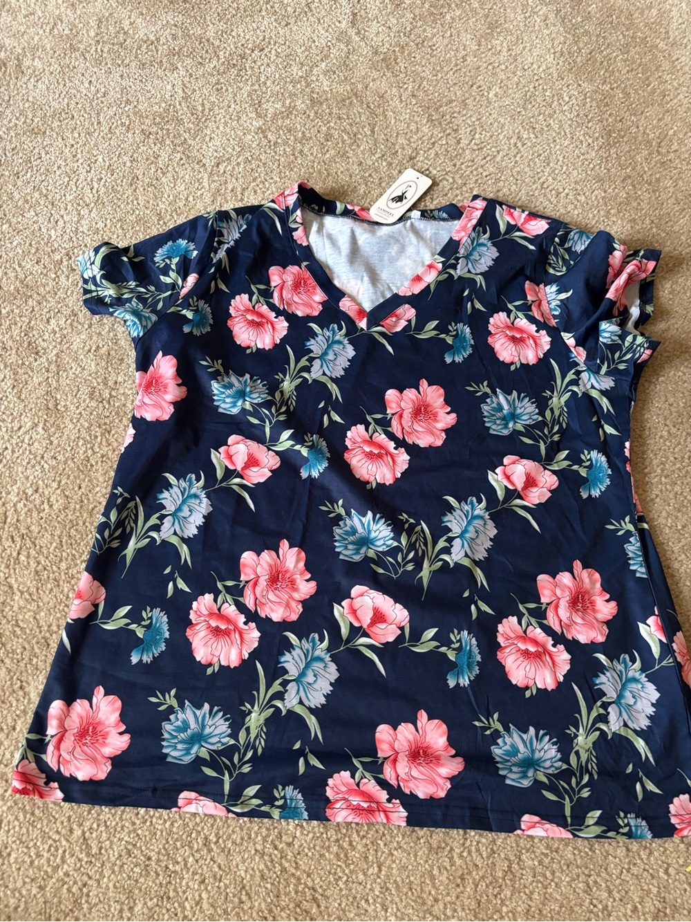 Floral V-Neck Short Sleeve Tee - Navy with Pink Bloom